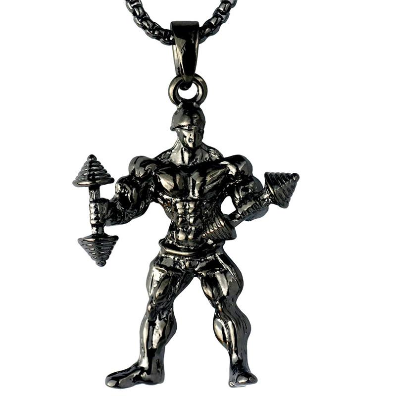 

Pendant Necklaces Strong Man Dumbbell Necklace Men Stainless Steel Black Chain Cool Fitness Gym Hip Hop Jewelry