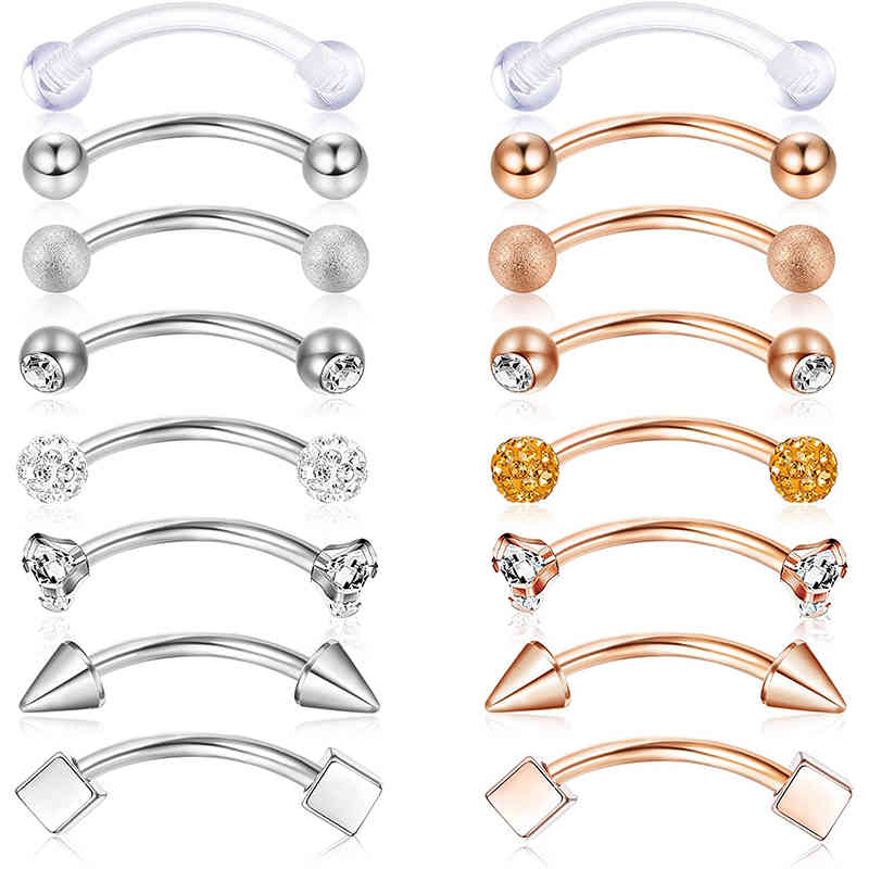 

16Pcs Stainless Steel Rook Daith Earrings CZ Ball Curved Eyebrow Tongue Belly Barbell Body Piercing 16G 8mm (5/16")