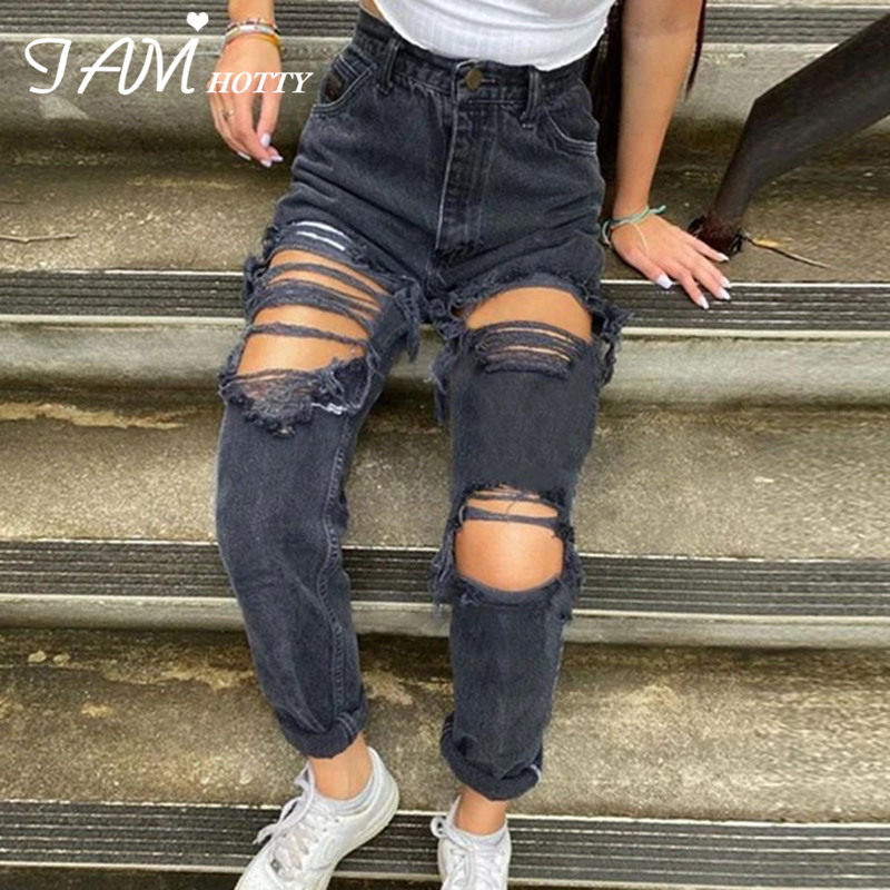 

Hollow Out Ripped Straight Jeans Women Black Punk Baggy High Waist Mom Boyfriend Denim 90s Korean Oversize Street Pants Iamhotty