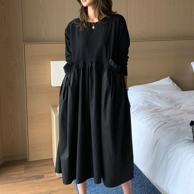 

Casual Dresses Autumn Plus Size Women's Round Neck Long Sleeve Stretch Knit Stitching Pocket Pleated Fake Two-piece Dress Solid Color, Black;gray