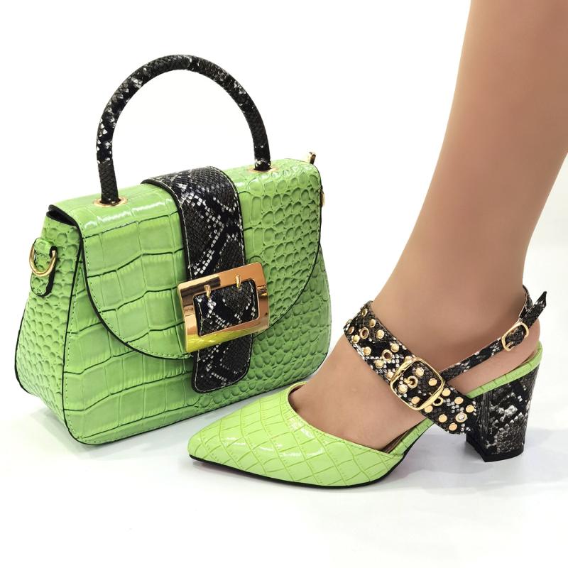 

Dress Shoes OLOMM Green Color Italian Design With Matching Clutch Bag African Big Wedding High Heel And Bag!Q1-2, Black