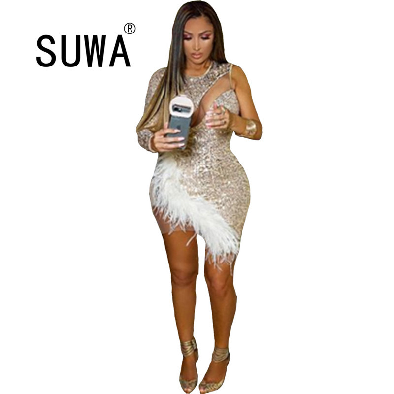 

Birthday Outfits For Women Elegant Fashion Sexy Cocktail Party Slim Fit Dresses One Shoulder Shinny Design Bodycon Mini Dress 210525, Champagne