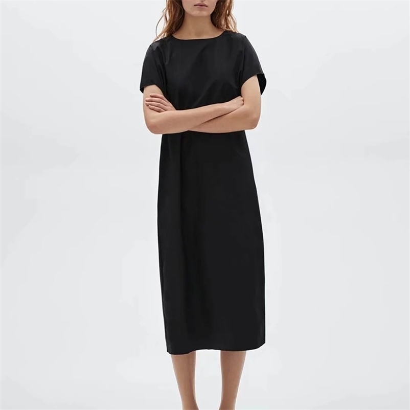 

women dress summer O neck poplin solid color short sleeve A-line long fashion female 210524, Black