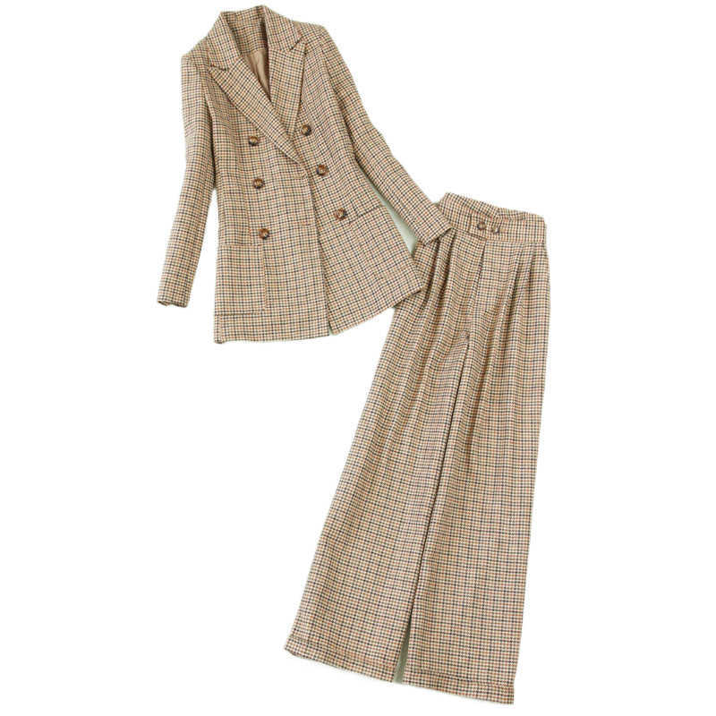 

Plus Size Women' Clothing Winter Double-breasted Mid-length Suit, Wide-leg Pants and Woolen Thick Office Suit High Quality 210527