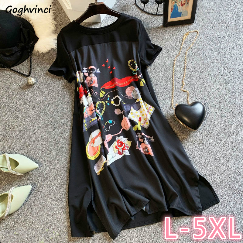 

Short Sleeve Dress Women Summer Printed Black Knee Length Plus Size 5XL Loose Korean Fashion Leisure Chic Womens Harajuku Ins BF