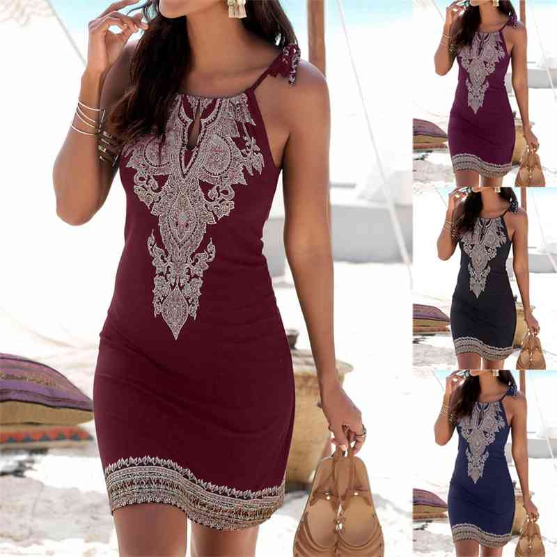 

Women' wear neckline print sleeveless casual Mini Beach Dress 2021, Wine
