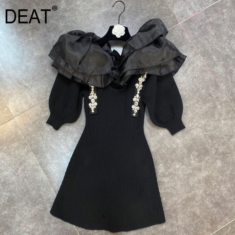 

Spring Arrivals Long Puff Sleeve Ruffles Collar Buttons High Waist Black Short Knitted Dress HR476 210525
