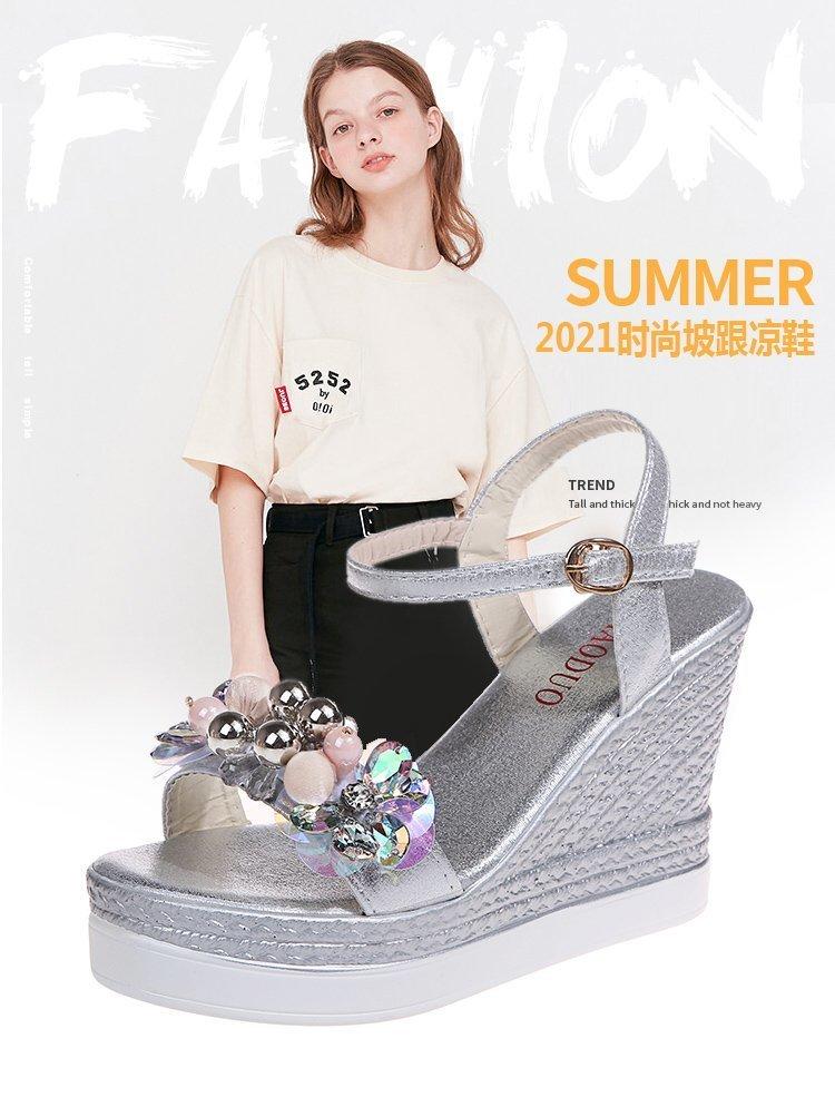 

Dress Shoes 2021 Female Fashion Flower Open Toe Sandals Silver Women Rhinestone Wedges Platform Party Woman Size 40, Black