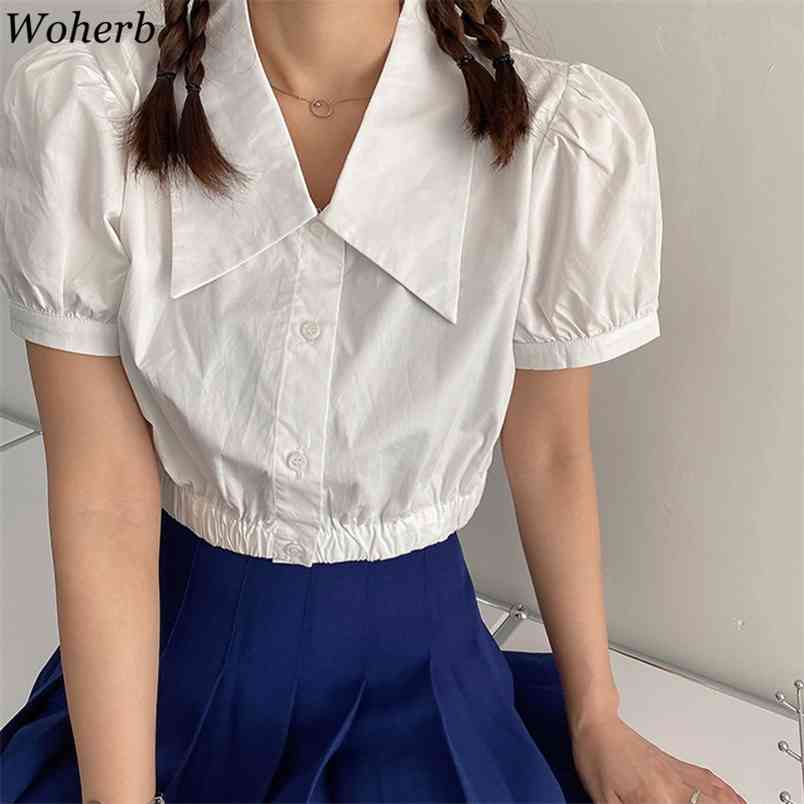 

Women Blouses Korean Fashion Turn Down Collar Puff Sleeve Shirts Simple Elegant Blusas Mujer Summer Chic White Crop Tops 210519