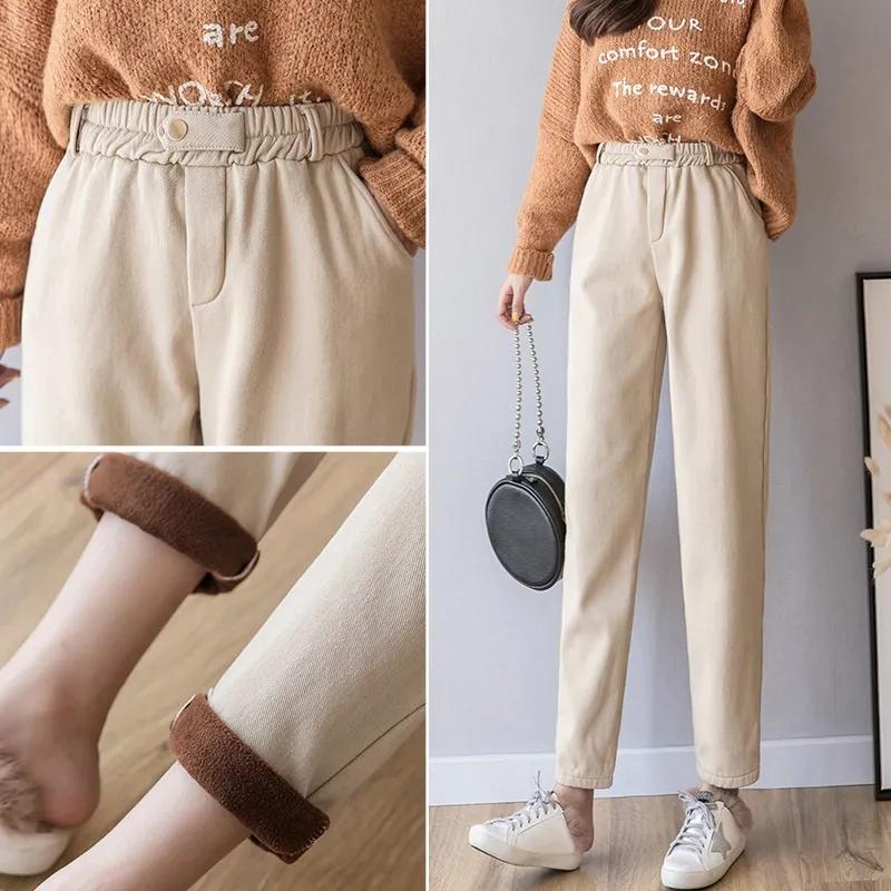 

Women's Pants & Capris 2021 Autumn Winter Plush Trousers Women Casual Korean Thicken Wear Loose Harem Plus Velvet Long, Black;white