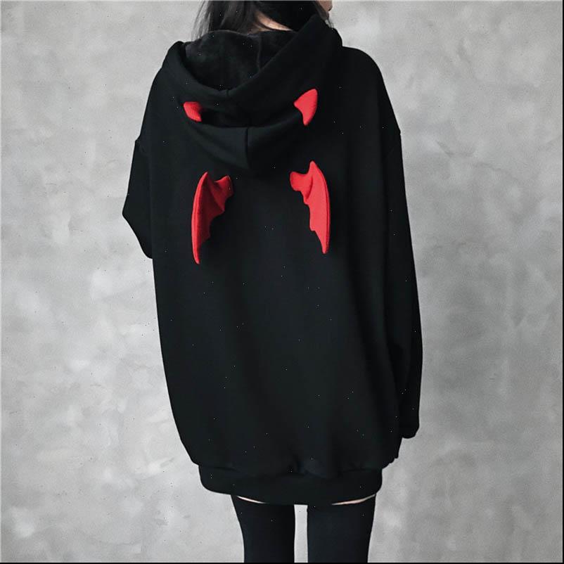

letter hooded devil wing women sweatshirts gothic oversized streetwear stranger things harajuku long pullover, Black