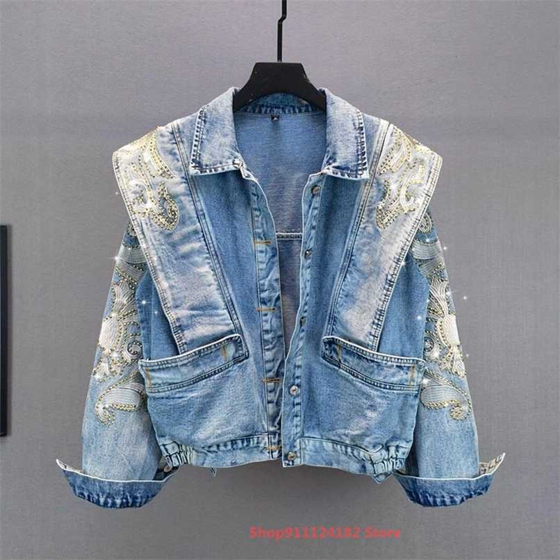 

European cargo heavy industry embroidered denim jacket women spring and autumn loose and thin long-sleeve top 211109