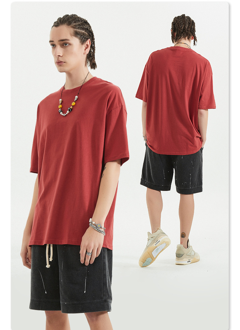 Red Casual Oversized T shirt Men Short Sleeve Hip Hop Cotton Shoulder Drop T-shirt Nxcaps Wholesale-image-703570985