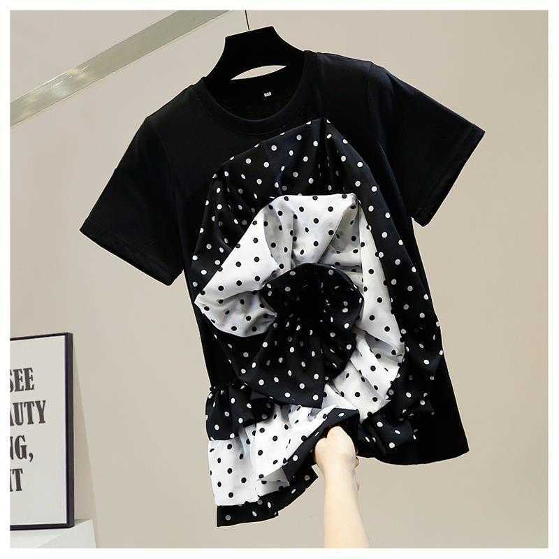 

Fashionable Pleated Irregular Three-dimensional Polka Dot Big Flower Patchwork O Neck Short Sleeve T-shirt Women's Tops 210615, Blue