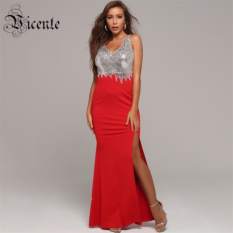 

Chic Silver Sequins Design Sexy Split V Neck Sleeveless Celebrity Party Maxi Long Dress 210520, Multi