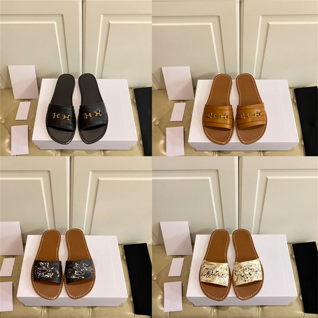 

2021 Designer Slippers Paris Classics Slipper Women Ladies Summer Beach Buckle Flip Flops Flat Slide Leather Designers, Color8