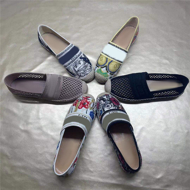 

Summer Fisherman Women Shoes Alphabet Sandals Weave Cotton Linen Denim Hemp Casual Outdoor Beach Rope Straw Flat Flops Womens Toe Cap Leather Slippers Box