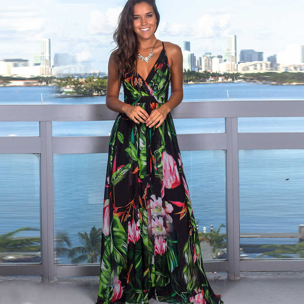 

Women Boho Summer Dress Floral Print Sleeveless V-Neck Backless Vintage Maxi Spaghetti Strap Party Long Beach Sundress 210526, 22020-light blue