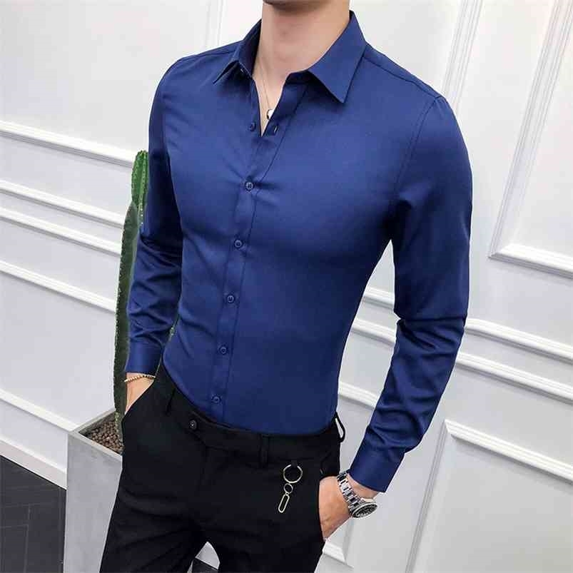 

High Quality Men Shirt Long Sleeve Solid Formal Business Slim Fit Brand Man Dress s Social Turn-Down Collar 6Colors 210721, Navy blue