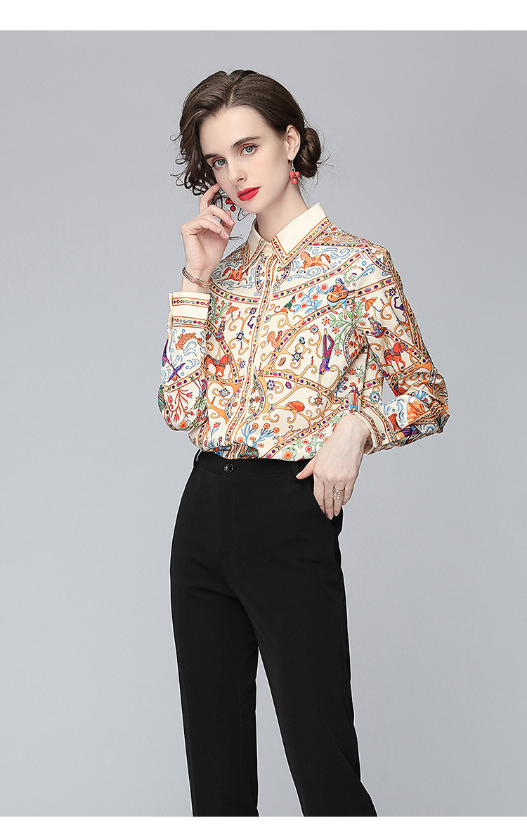 

women's blouses & shirts 2021 spring and autumn lady's printing shirt lapel neck long sleeve single breasted lap, White
