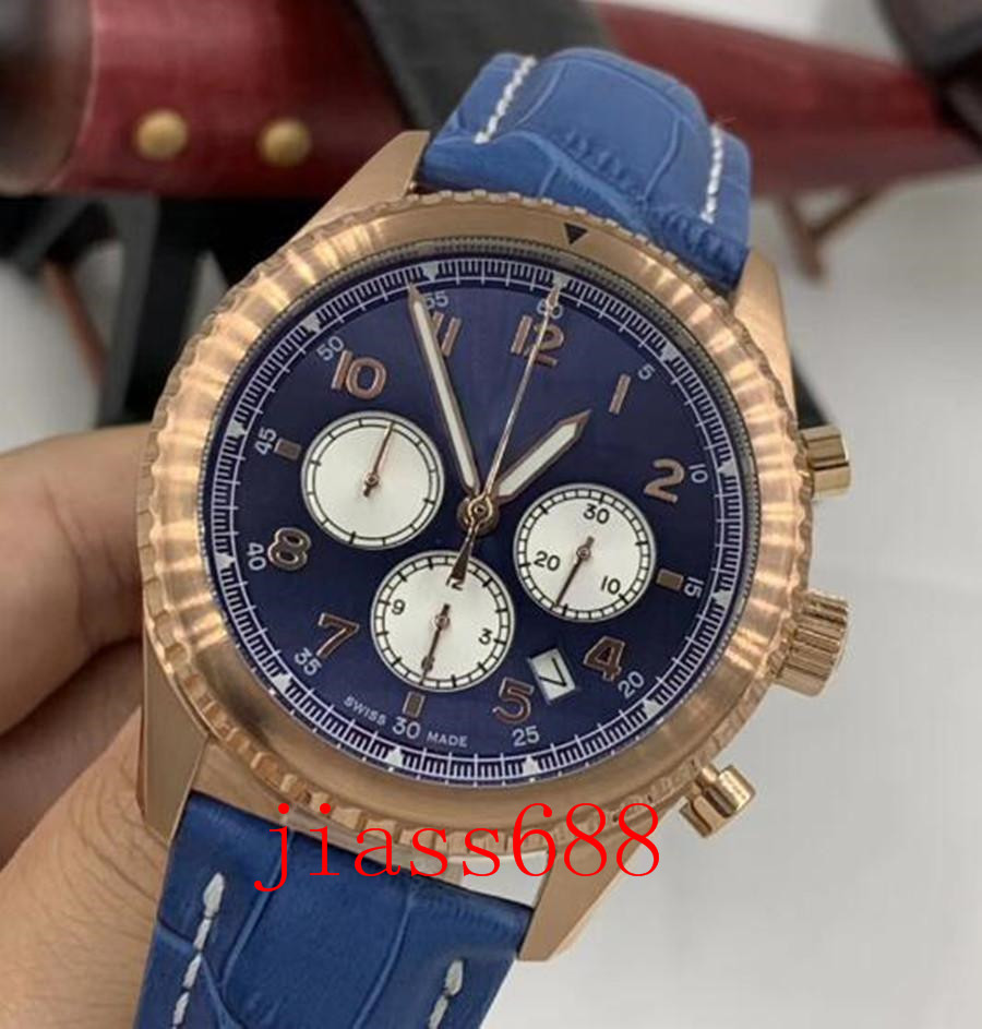 

chronograph quartz 46mm gold stainless steel case mens watch watches blue dial with three working subdials and leather strap, Slivery;brown