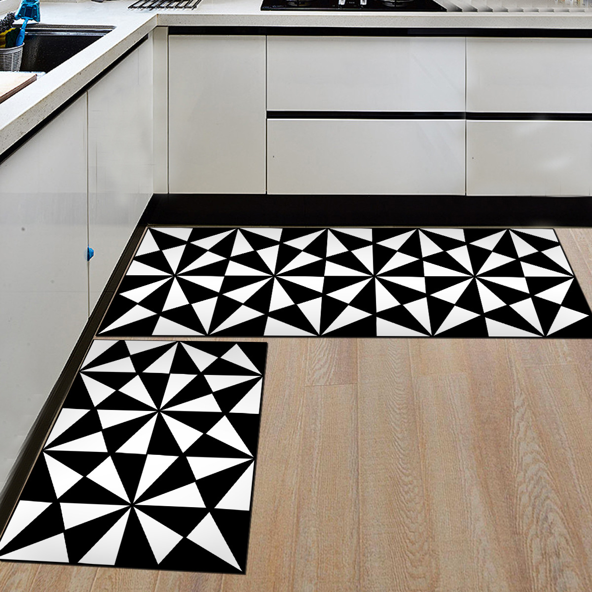 

2pcs/set Black And White Flannel Floor Mats For Kitchen Anti-Slip Kids Bedroom Carpet Entrance/Hallway Area Rug, Hexagons