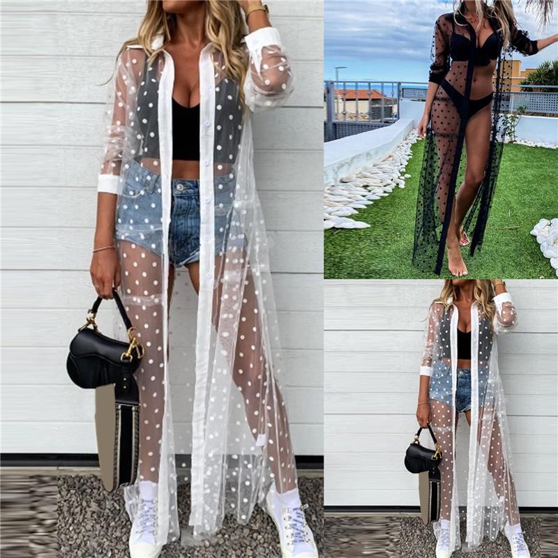 

Woman Polka Dot Beach Smock Sexy Lapel Long Sleeve Ladies 2021 Mesh Perspective Top Cover Up Women' Swimwear, White