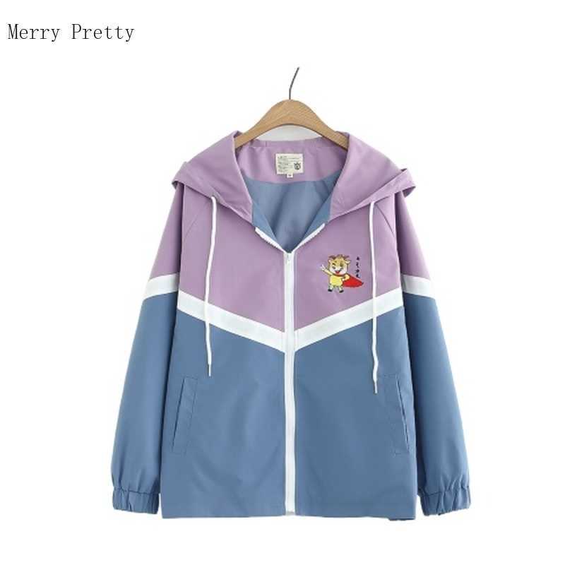 

Cartoon Embroidery Patchwork Women Hooded Jacket Summer Long Sleeve Casual Coats Ladies Pckets Zipper Outwears Clothing 210526, Blue