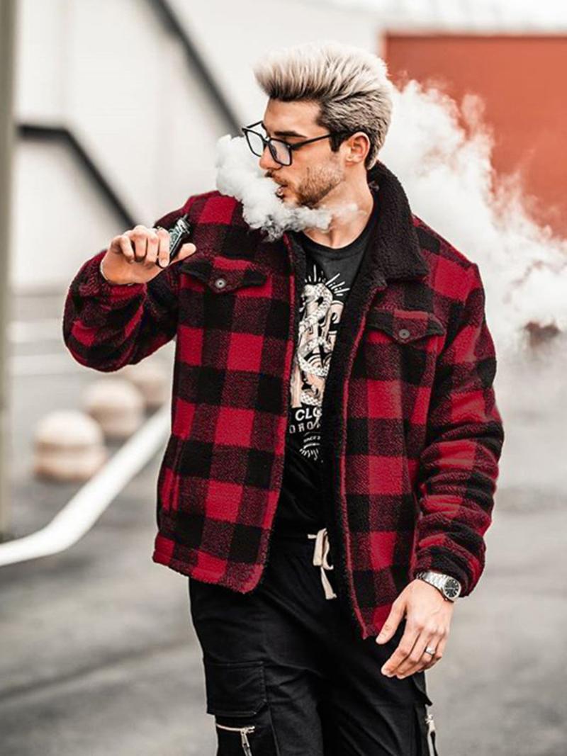 

Men' Jackets 2021 Red Plaid Lapel Fashion Autumn Winter Zipper Jacket Plush Warm Double-Sided Casual Wear, As pic