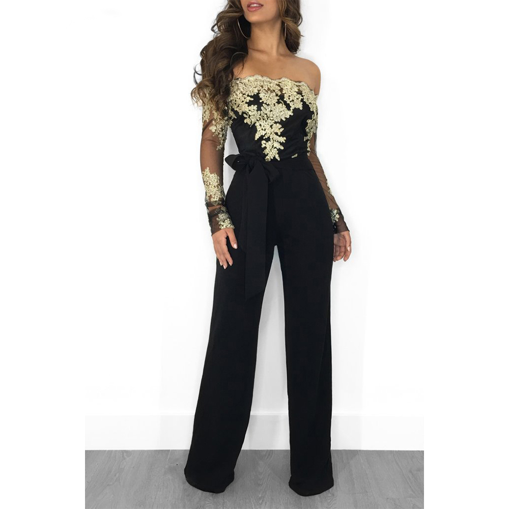 

Appliques Lace Patchwork Jumpsuit Women Sexy Off Shoulder Slash Neck Long Sleeve Women Jumpsuit Elegant Wide Leg Jumpsuit 3XL, Black gold jumpsuit