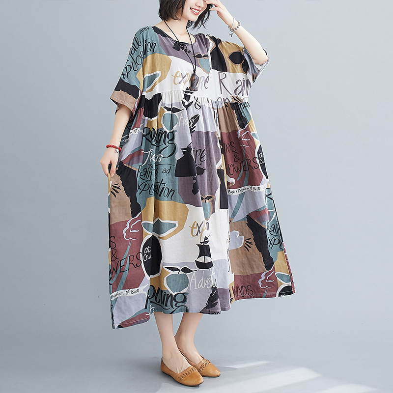 

Johnature Women Vintage Print Floral Dress High Waist Loose O-Neck Short Sleeve Robes Summer Cotton Blend Casual Dress 210521, Multi