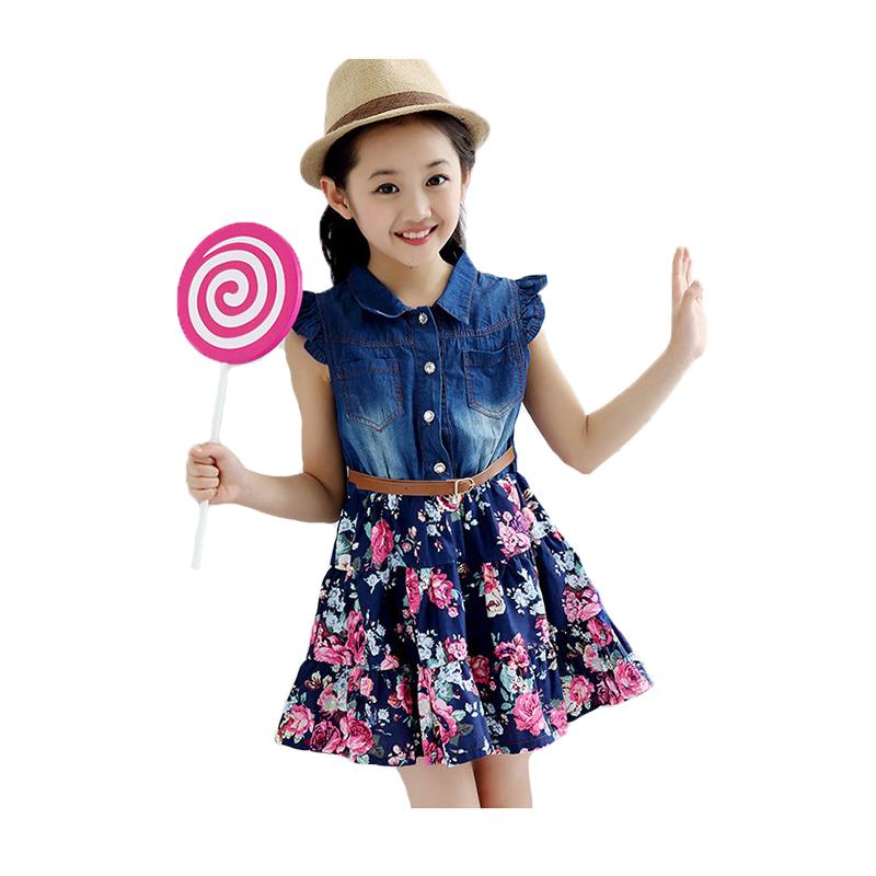 

Girl's Dresses 2-12 Years Summer Girls Flower Dress 2021 Fashion Denim T-shirt And Floral Skirt Stitching For GIrl Kids Birthday Present, Red;yellow