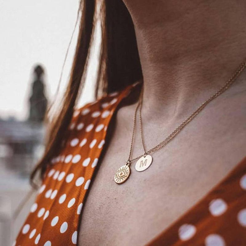 Pendant Necklaces WTLTC Boho Initial Coin Eye For Women Geometric Round Disc Layered Choker Female Chains Chokers 2021-image-706633956