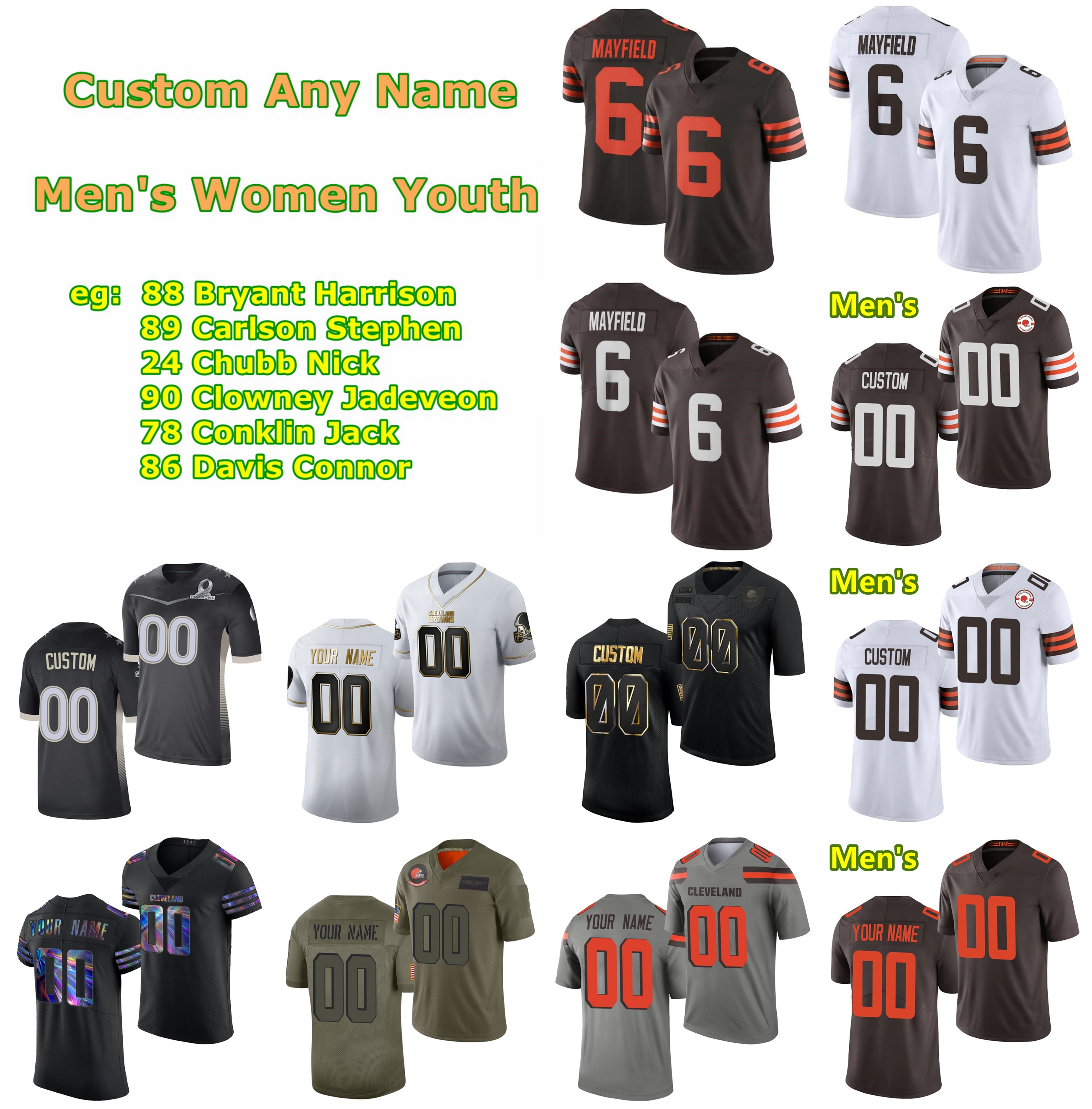 

2021 Browns American Football Jerseys Harrison Bryant Jersey Stephen Carlson Nick Chubb Jadeveon Clowney Jack Conklin Connor Davis Custom Stitched, Black;red