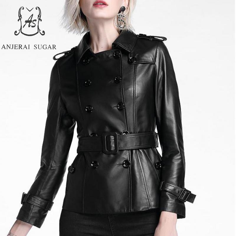 

Women's Leather & Faux Autumn Genuine Jacket Women Sheepskin Black Motorcycle Female OL Sexy Slim Double Breasted Jaqueta Couro Feminina