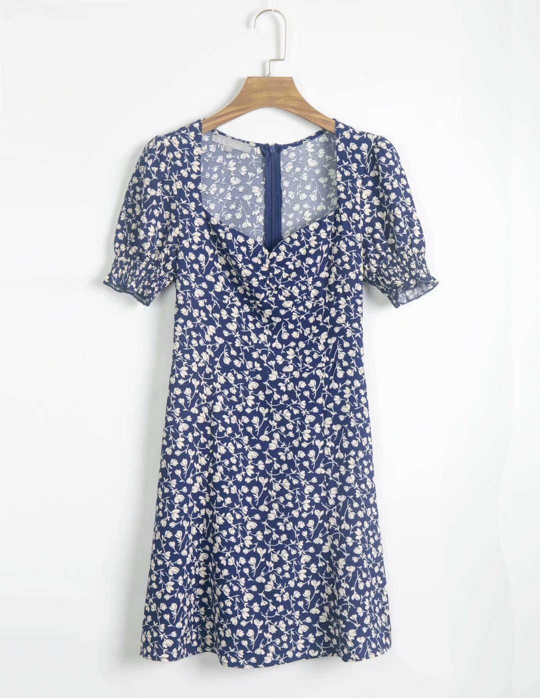 

French Square Collar Puff Sleeve Side Slit Floral Print A Line Dresses for Women 210615, Blue