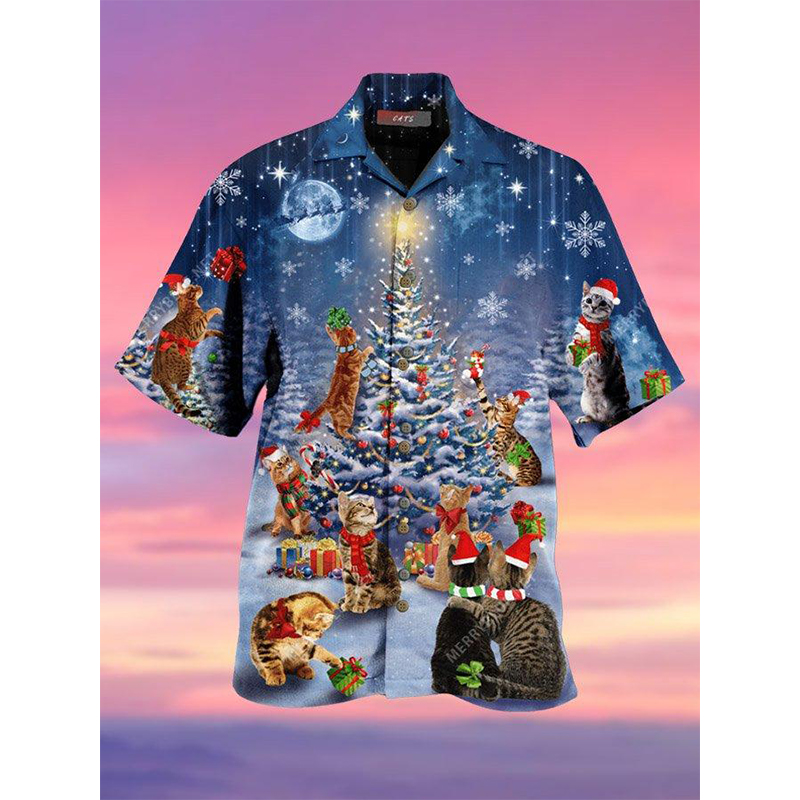

Christmas snow print Hawaiian style men's short-sleeved shirt geometric print party beach daily casual top, White;black
