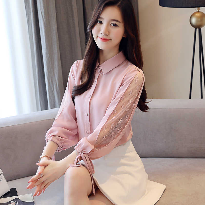 

Korean Women Shirts Chiffon Blouses Long Sleeve Tops Woman Lace Top Plus Size Embroidery Shirt 210604, Blue