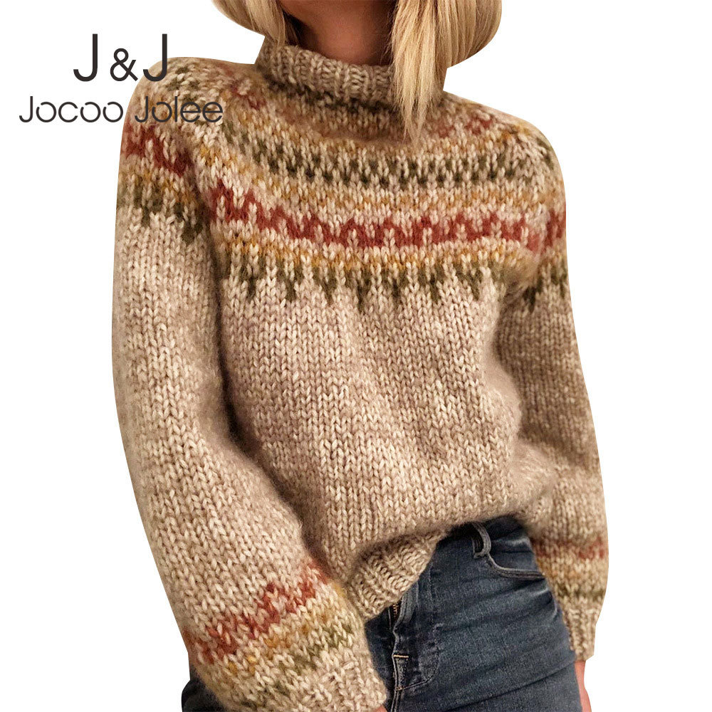 

Jocoo Jolee Women Winter Vintage Indie Folk Style Turtleneck Print Loose Sweater Elegant Harajuku Striped Knitting Tops Jumpers 210518, As photo