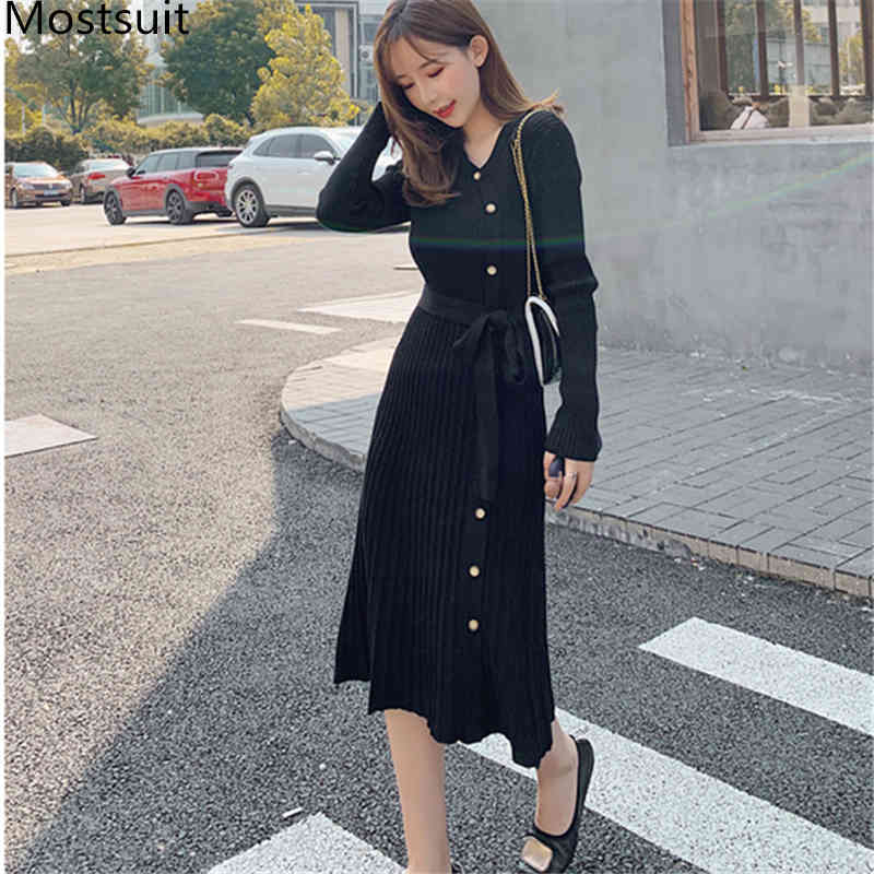 

Women Knitted Slim Dress Long Sleeve V-neck Buttons Lace-up Korean Fashion Dresses Spring Autumn Casual Vestidos Mujer 210518, Black