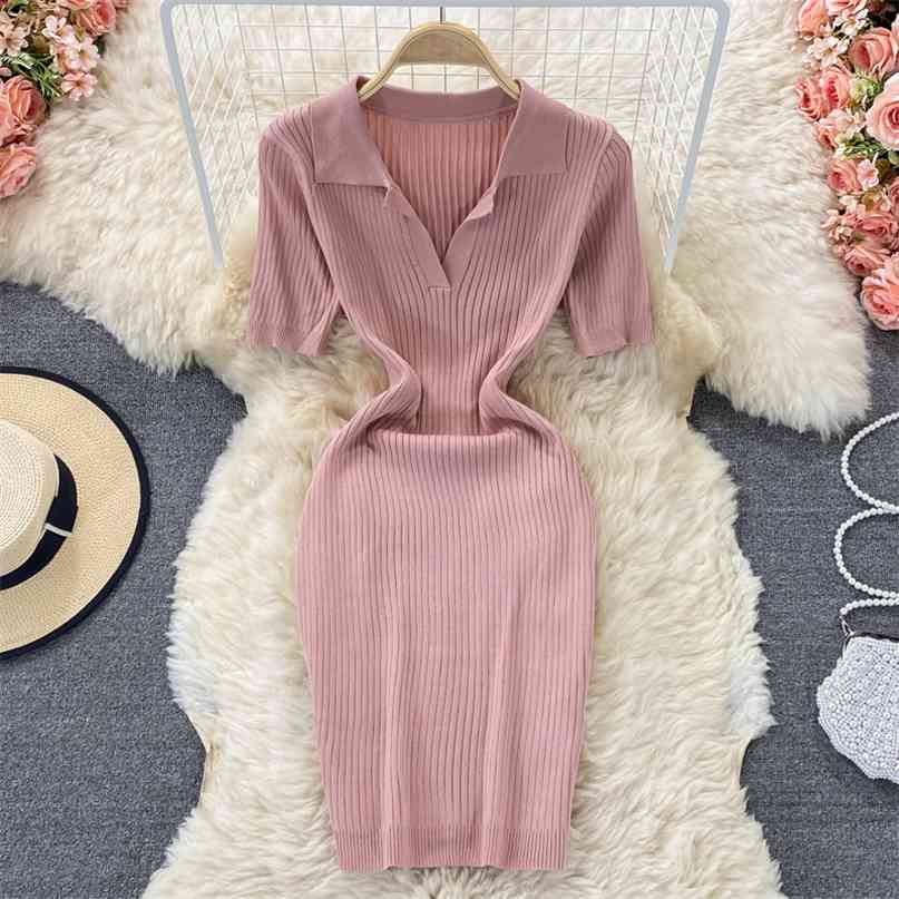 

Summer Ins Knitted Dress for Women Casual Solid Turn Down Collar Short Sleeve Slim Fit Stretch Package Hip Mini Party 210603, Purple