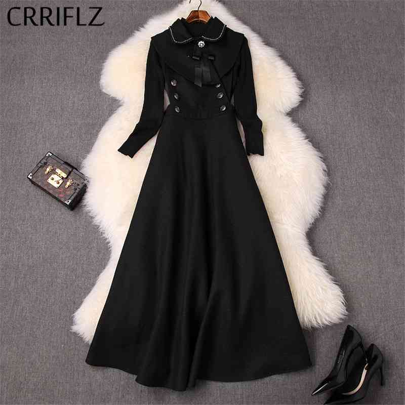 

Winter Women Set Full Sleeve Stand Collar Pullover Peter pan Strap Dress 2 Piece Elegant Black Patry 210520