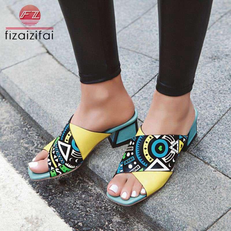 

Coolcept Women High Heel Sandals Fashion Colorful Graffiti Summer Slippers Square Heels Casual Designer Shoes Size 34-43, Black