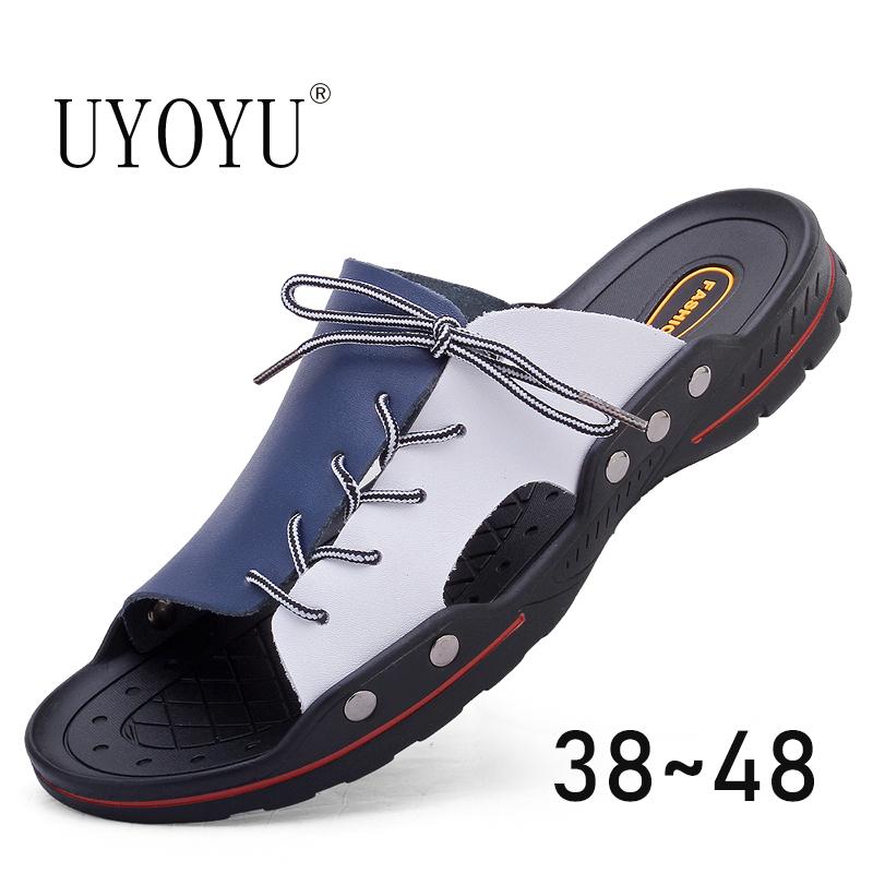 

Sandals Classic Mens Summer Genuine Leather Male Beach Soft Comfortable Outdoor Slippers Slip-ON Man, Black