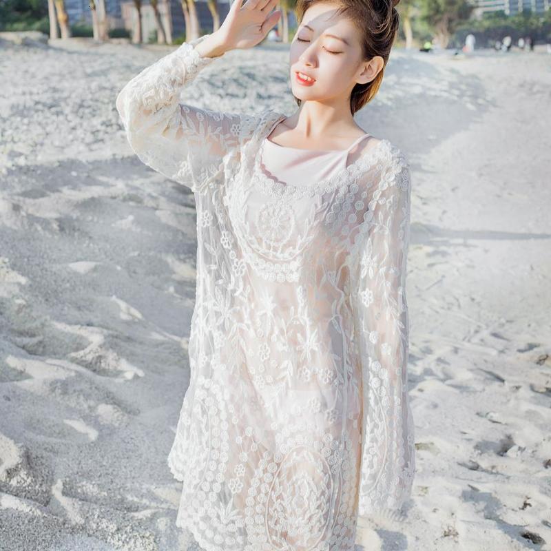 Korean Bohemian Long Sleeve Hook Flower Leisure Bikini Jacket Swimsuit on the Beach-image-678561846