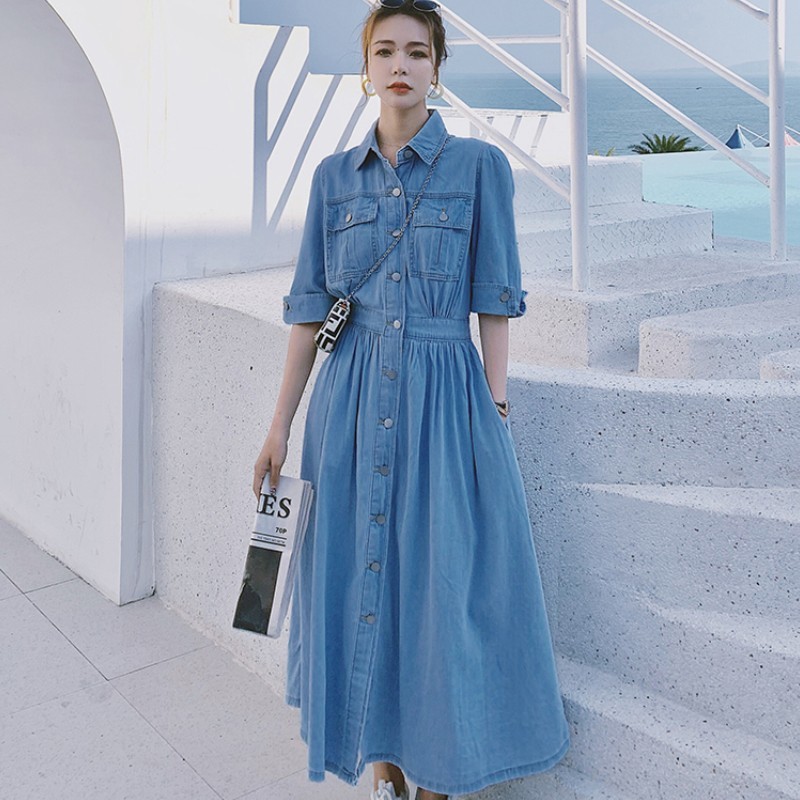 

Korean Women Slim Denim Dress Fashion Short Sleeve Turn-Down Collar Single Breasted Elastic Waist Casual Long Dress Female 210518, Photo color