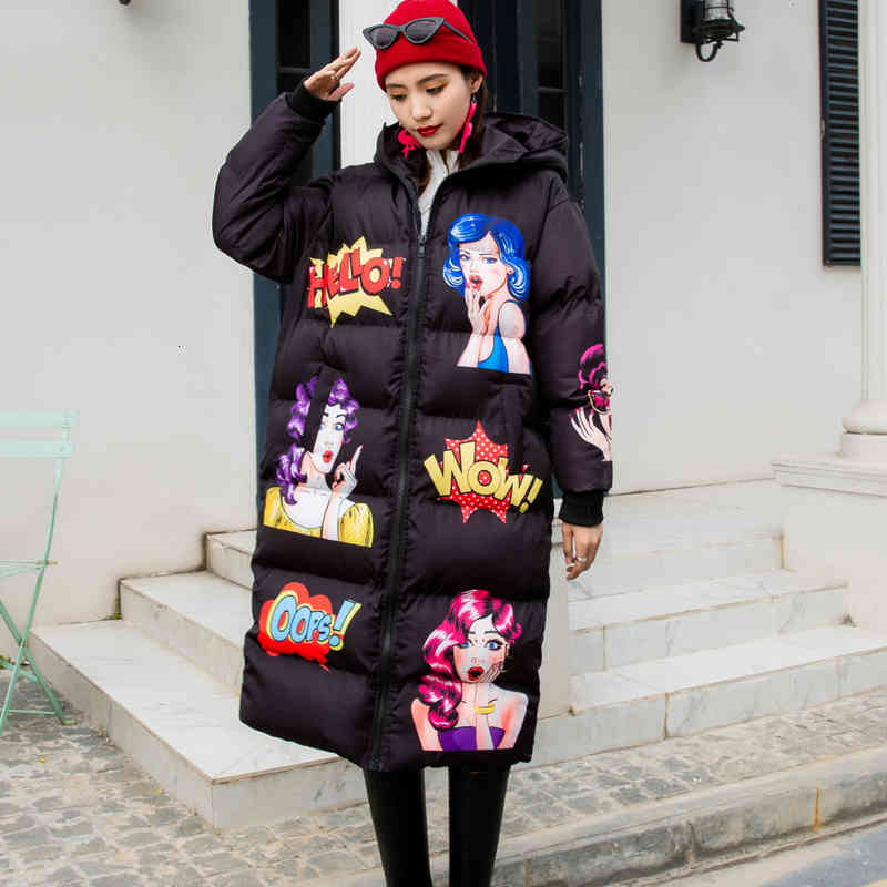 

down Plus size cartoon padded women's mid-length winter cotton coat fur collar casual Korean jacket hooded, Black