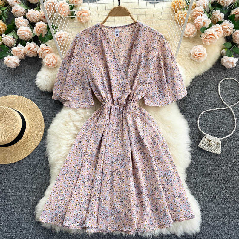 

DEAT Women Printing Vacation Dress V-Neck Short Sleeve Arrivals Lady Temperament Fashion Spring Summer 11D582 210709, Blue