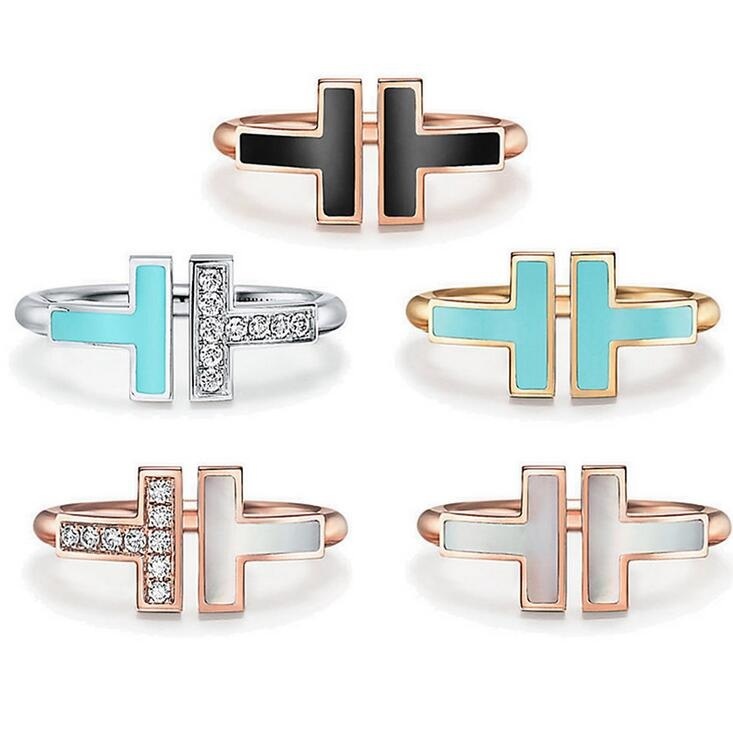 

Fashion Designer T Letter 925 Silver Alloy Open Band Rings Brand Classic Mother-of-pearl Double T Ring For Women Wedding Party Jewelry 5 Colors