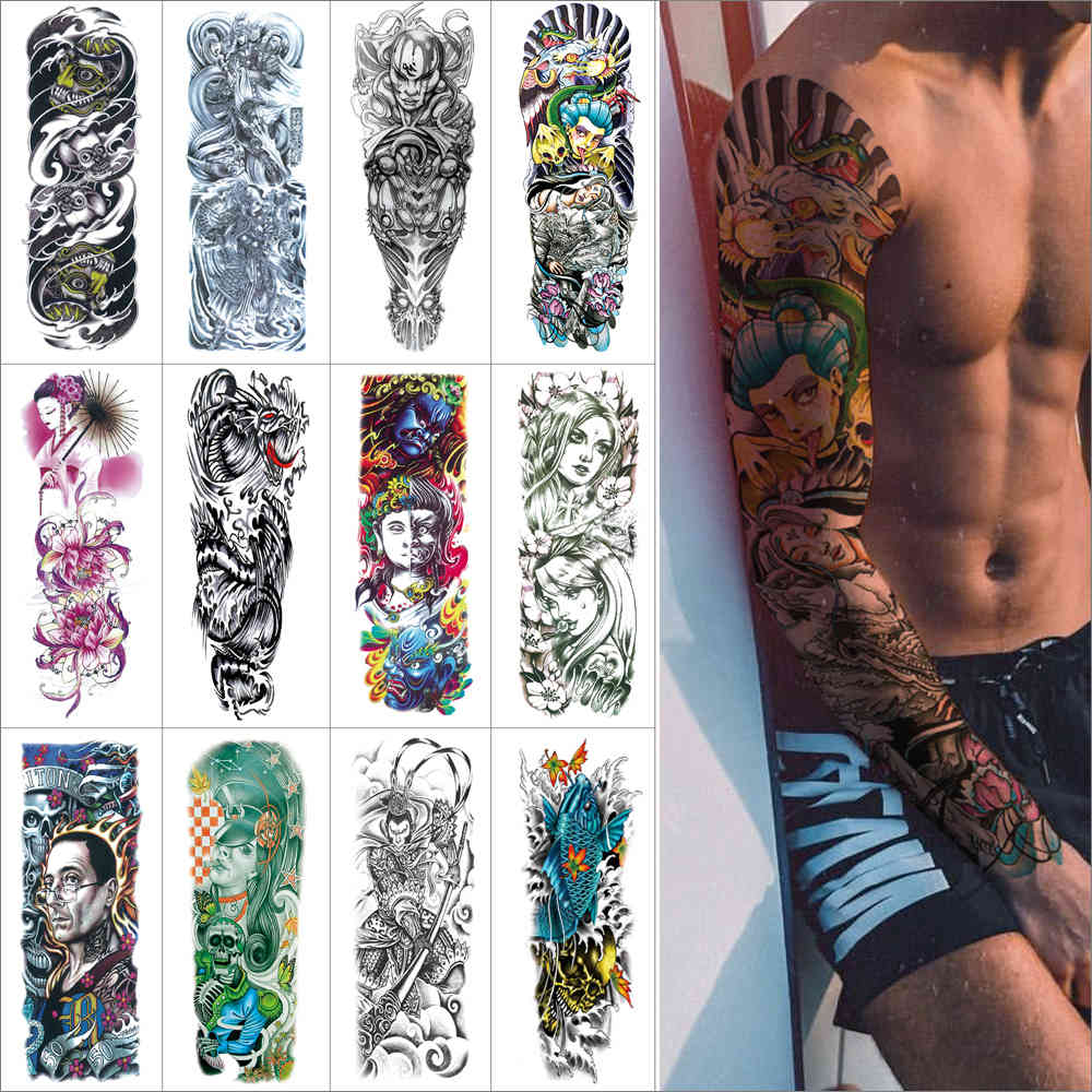

Full Arm Tattoo Sleeve temporary large size tattoo stickers peacock flower skull fish dragon Fake tattoos for men and women